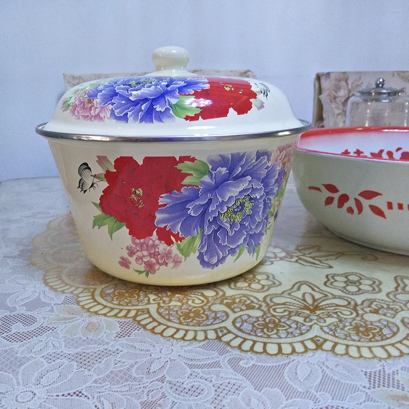 Enamel Basin Food Wash Bowl vegetable Pot Traditional Soup pot