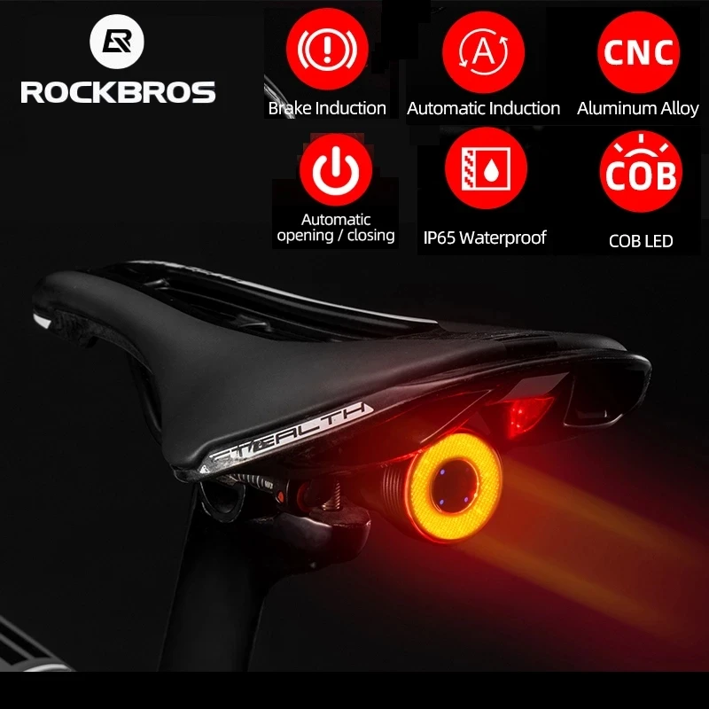 ROCKBROS Bike Light Smart Sensor Rear Light Type-C Rechargeable MTB Road Bicycle Light Taillight Aluminium Cycling Flashlight