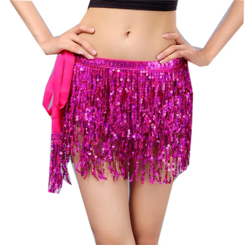 Women\'s Sequin Skirt Glitter Belly Dance Hip Mini Tassel Scarf Rave Wrap Belt Stage Performance Party Costume Cowgirl Outfit