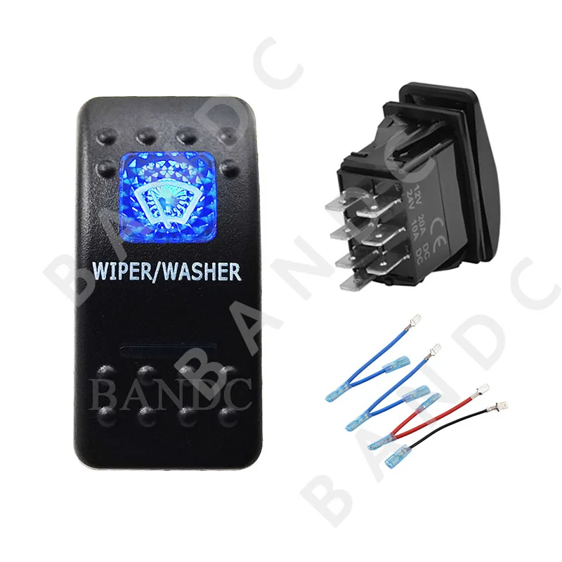 12V 24V Blue Windshield Wiper Washer Rocker Switch with Jumper Wires 7P ON-OFF-(ON) DPDT Switch for Car Boat Polaris UAZ Pickup