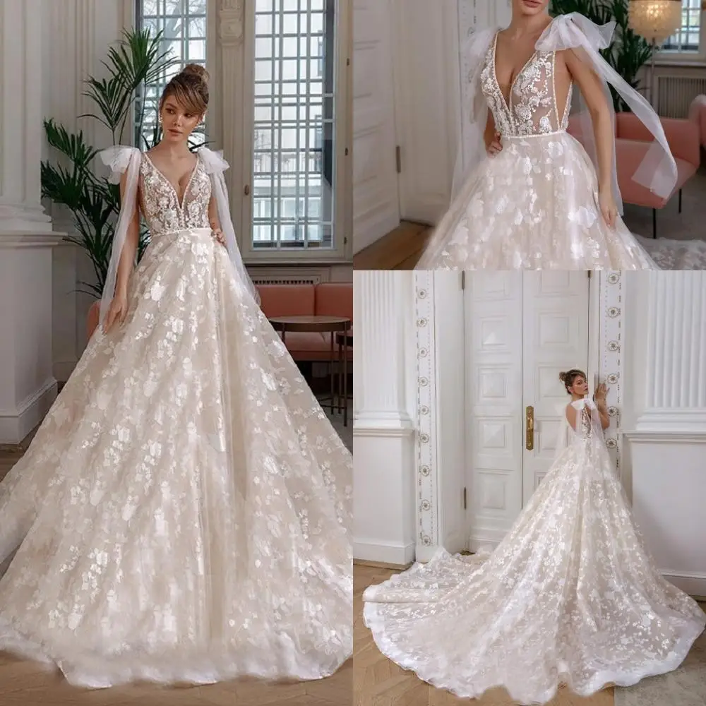 2020 Ball Gown Wedding Dresses Deep V Neck Lace Appliques Bridal Gowns Custom Made Backless Sweep Train Wedding Dress