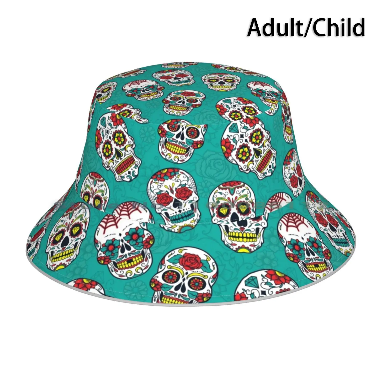 Sugar Skull Floral Teal Pattern Bucket Hat Sun Cap Tattoo Day Of The Dead Death Flowers Sugar Skull Floral Mexican Roses Black