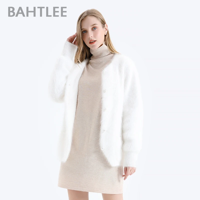 BAHTLEE-Women\'s Angora Short Wool Cardigans, Knitted Coat, Long Sleeves, O-Neck, Pearl Buckle, Autumn, Winter