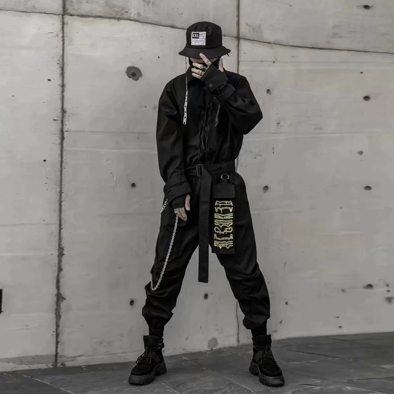 Manga longa gola hip hop japonês retro masculino terno macacão macacão 2020 cor sólida seção fina impressão preto azul macacão
