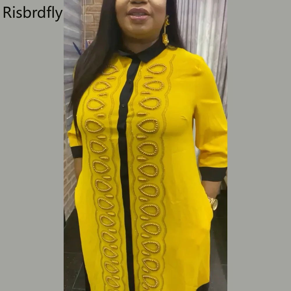 African Dresses for Women 2021 Summer African Clothes Diamonds Bead Boubou Africaine Femme Robe Africa Dress