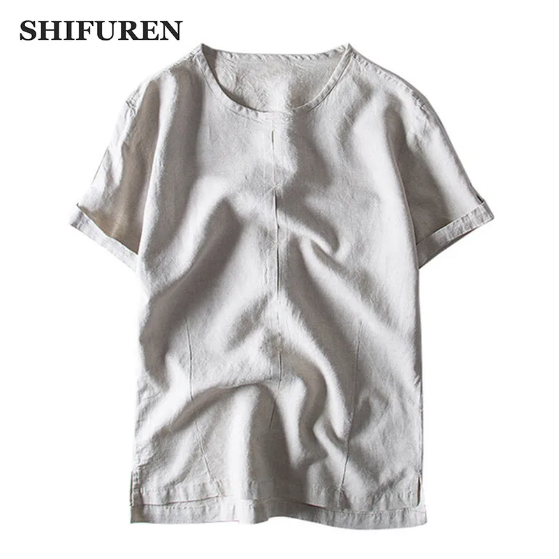 

SHIFUREN 2019 New Men Cotton Linen Shirts Short Sleeve Tops O-Neck Soft Breathable Causal Male Social Shirts Size M-XXXL