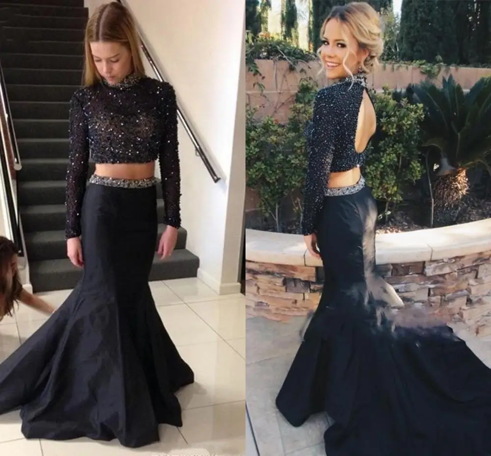 

2025 Black Two Pieces Prom Dresses Sparkly Beaded High Neck Long Sleeve Mermaid Evening Gowns Custom Made Formal Party