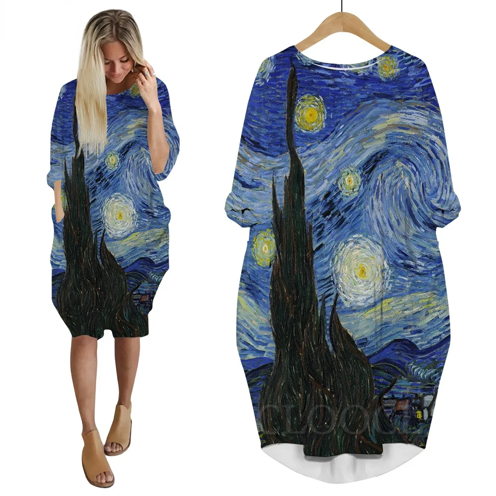 CLOOCL Van Gogh The Starry Night Dress 3D Printed Long Sleeve Skirts Fashion Female Streetwear Harajuku Women Pocket Dress