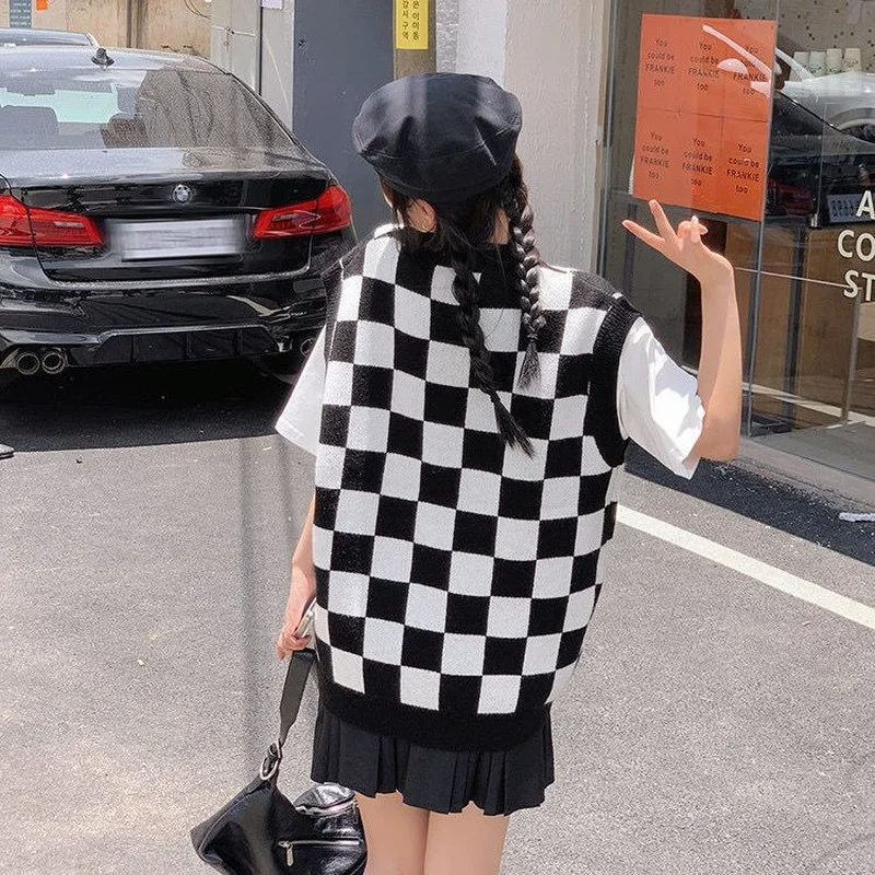 Plaid Pullover Weste Frauen Streetwear Vintage Lose Koreanischen Stil V-ausschnitt Studenten Damen Frühling Herbst Alle-spiel Weibliche Chic Ulzzang