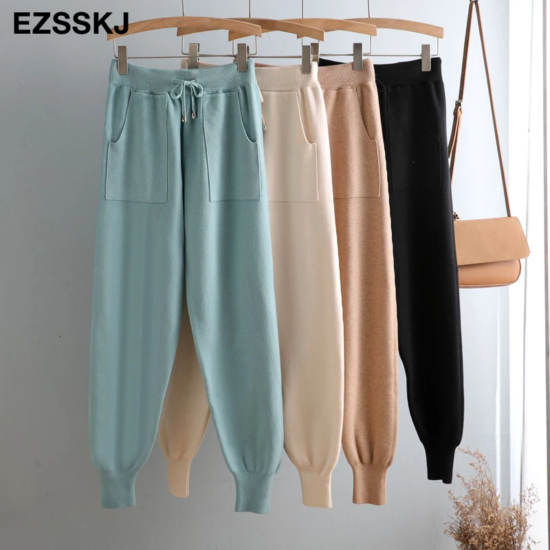 Women Elastic Waist Drawstring Trousers Thick Knitted Harem Pants Autumn Winter Sport pants sweater Knitted Carrot pants