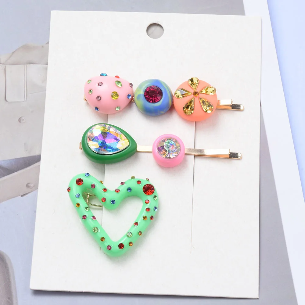 2024 New ZA Fashion Colorful Resin Hair Clips Women Hair Jewelry Heart Shape Crystal Rhinestones Hairpins Barrettes