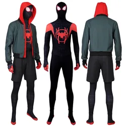 Cafiona Halloween Outfits for Men Superhero Black Leotard Cool Spider Bodysuits Miles Cosplay Costume Jacket Jumpsuits Full Set