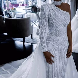 Luxury Dubai White High Neck One Shoulder For Women 2021 Mermaid Detachable Train Pearls Lace Party Wear Formal  Gowns