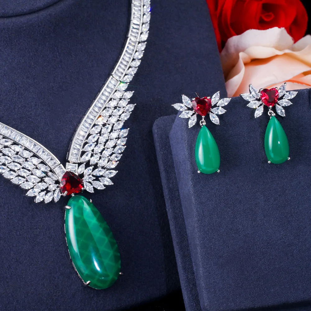 ThreeGraces Trendy Green CZ Zircon Stone Bridal Wedding Necklace Earrings Jewelry Sets  for Women pendientes mujer moda JS640