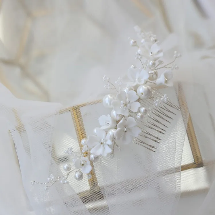 White Porcelain Flower Bridal Comb Hair Piece Pearls Wedding Jewelry Handmade Women Headpiece Hair Ornament