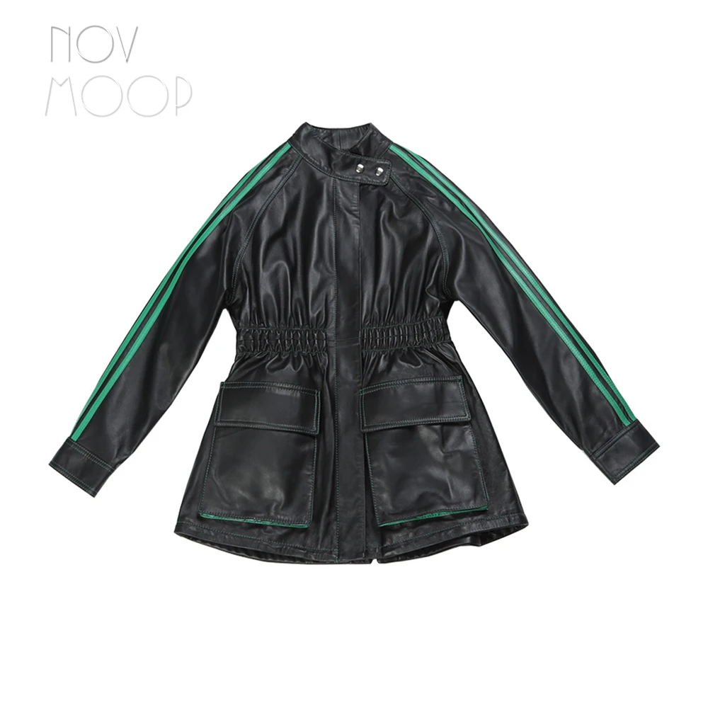 Novmoop sheepskin genuine leather women sports jacket patched with green leather strap sleeve easy to wear spring veste LT3468