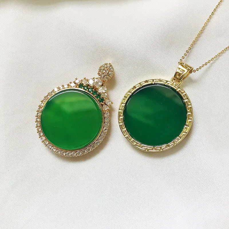 [Chic]Natural Green Agate Chalcedony S925 Silver Gilded Pendant Exquisite Jade Necklace Jewelry Accessories Neck Decoration Gift