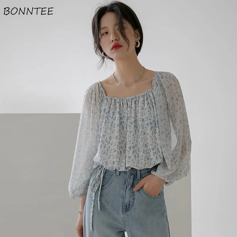 Blouses Women Print Square Collar Loose Summer Soft Chiffon Design Elegant Female Tender Ulzzang Sheer Top Fashion Leisure Ins