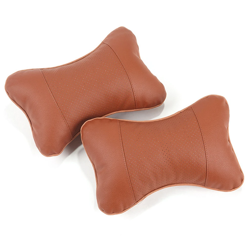 2 Pieces Car Neck Pillows Red Wine Both Side Pu Leather Single Headrest Fit For Most Cars Filled Fiber Universal Car Pillow