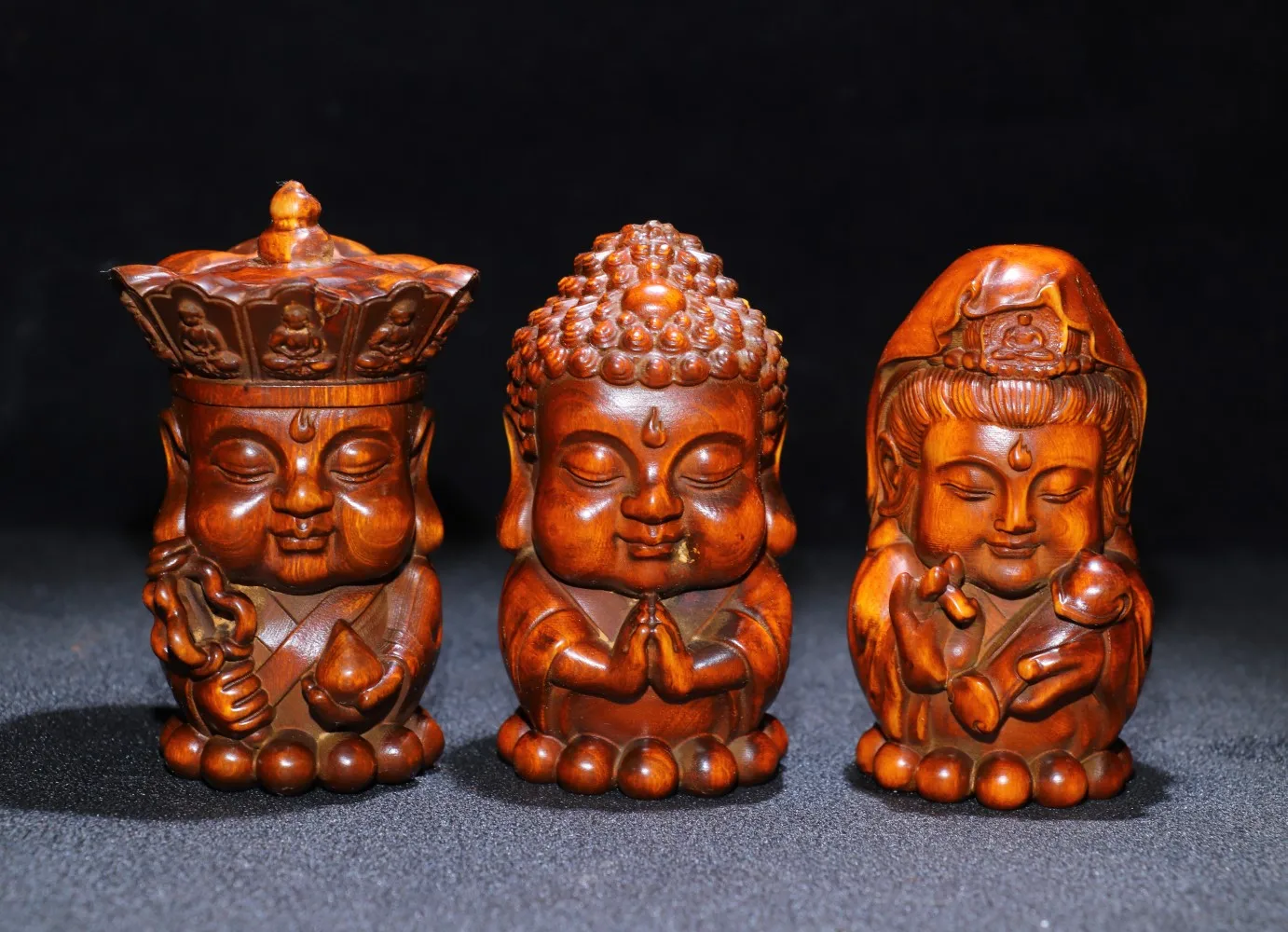 

3"Tibetan Temple Collection Old Boxwood Three Sages Buddha Jizo Guanyin Buddha set statue Ornaments Town House Exorcism