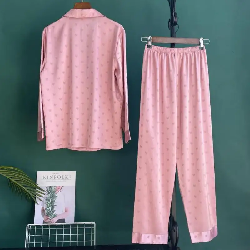 Pyjama Jacquard en Satin Pour femmes, vêtements de nuit en fausse soie, ensemble deux pièces chemise et pantalon Pour la maison