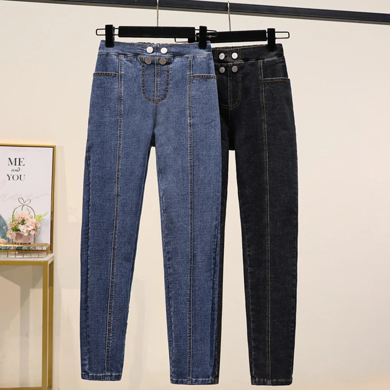 Plus size estiramento jeans feminino 2024 primavera outono grande elástico de cintura alta denim lápis calças oversized na moda feminina