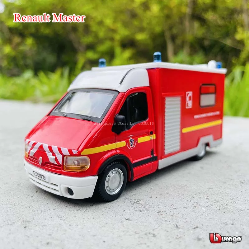 Bburago 1:50 Renault Master wóz strażacki urządzenie inżynieryjne odlewanie ciśnieniowe metalowa zabawka dla dzieci prezent dla chłopaka symulacja