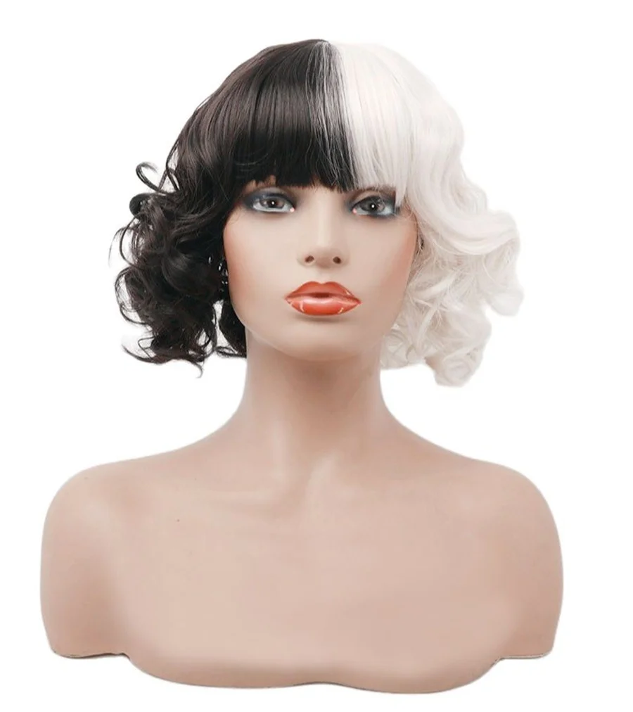 CRUELLA Deville De Vil Black White With Bangs Short Bob Ladies Heat-Resistant Synthetic Wig Cosplay Halloween Costume Party Wig