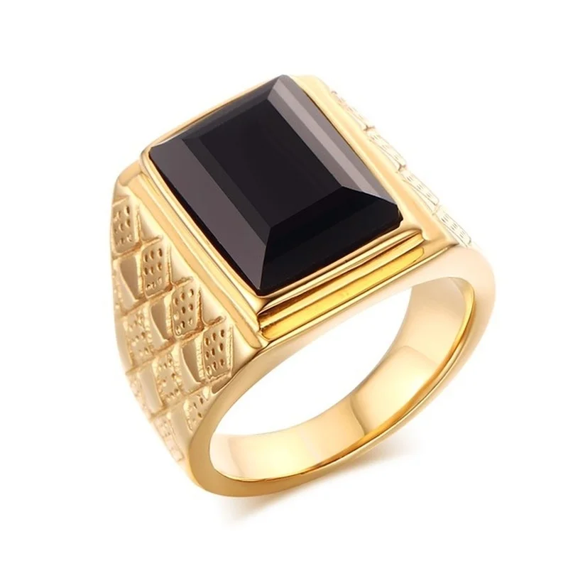 Trend Sophisticated Men Large Inlaid Black Zircon Seal Ring Gold Color Metal Tribal Jewelry Gifts Personality Accessories