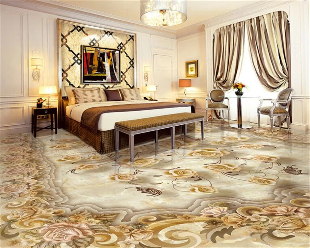 

European style flowers retro floor brick Custom 3d flooring Mural Wallpaper papel de parede Bathroom kitchen flooring BEIBEHANG