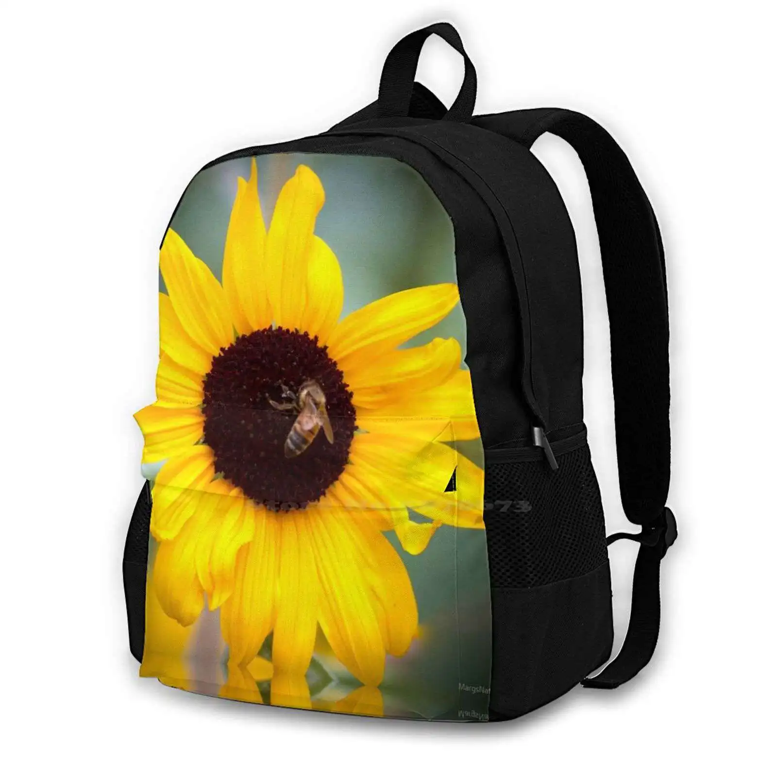 

Bee Happy Hot Sale Schoolbag Backpack Fashion Bags Sunflower Daisy Honey Bee Nature Photography Bright Floral Botanical Bright