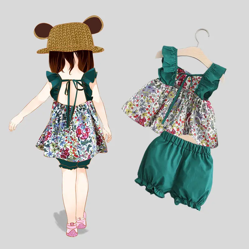 

Summer Children's Suit For Girls Two Piece Shorts And Top Set Cute Children's Toddler Girls Clothes Kids Flower Girl's Suit 1-5T