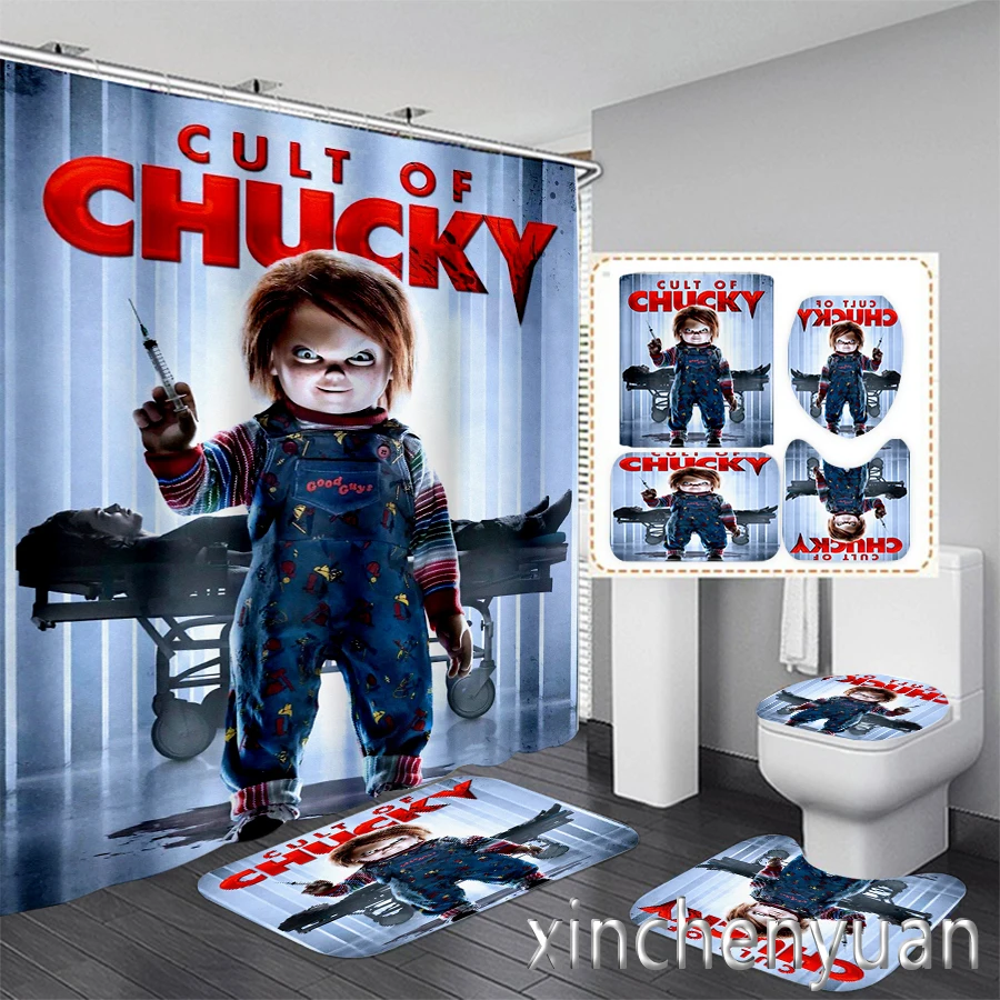 Horror Movie Chucky 3D Printing Waterproof Bathroom Shower Curtain Toilet Cover Mat Non-Slip Floor Mat Rug (1/3/4Pcs) W07