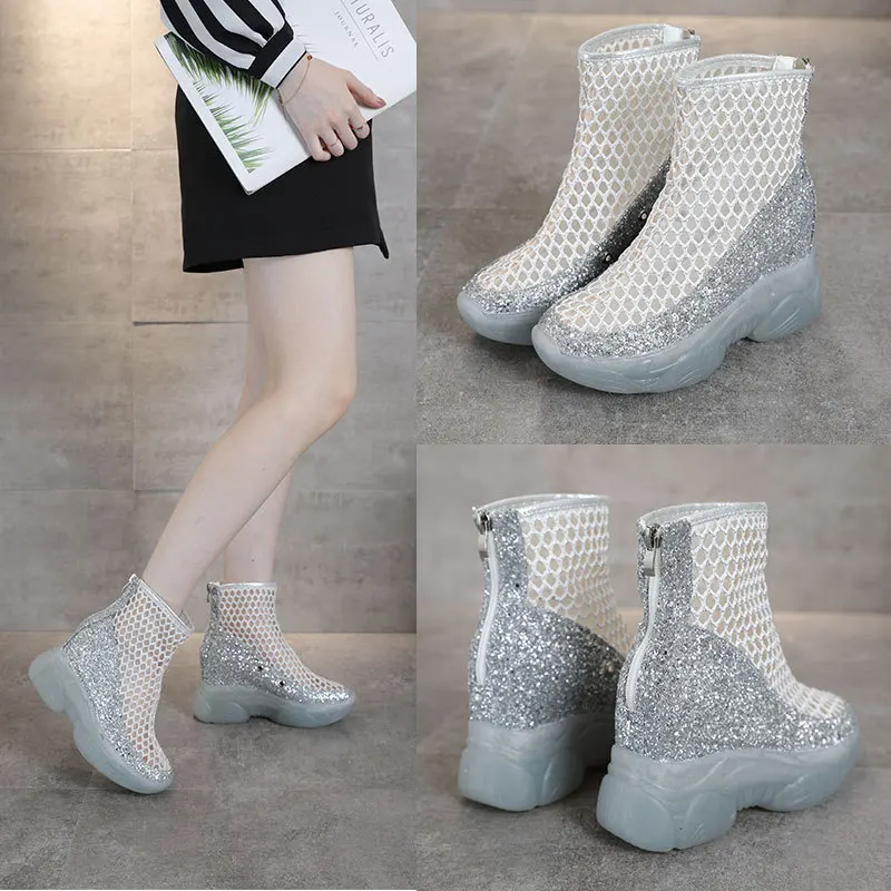 Summer Women Boots Brand Mesh Boots Platform Shoes 2021 Fashion Hollow Ankle Boots Ladies Modern Booties Plataforma Zapato Mujer