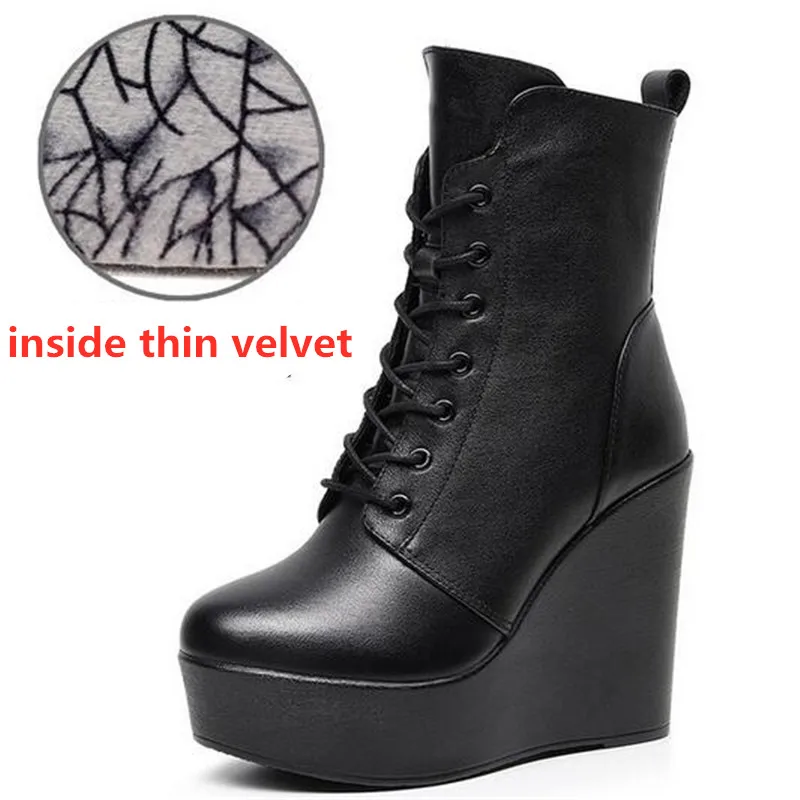 2024 Fashion Genuine Leather Autumn Winter Boots Platform Wedges Super High Heel Boots Black Women\'s Boots Small Plus Size 33-43