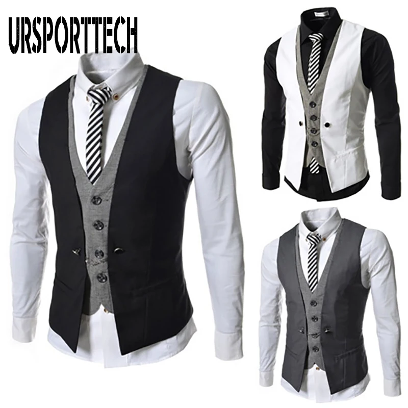 Fake Two-piece Blazer Vest Men Single-Breasted New Casual V-neck Vest Personality Slim Fit Jacket Vest Business Blazer Vest Coat