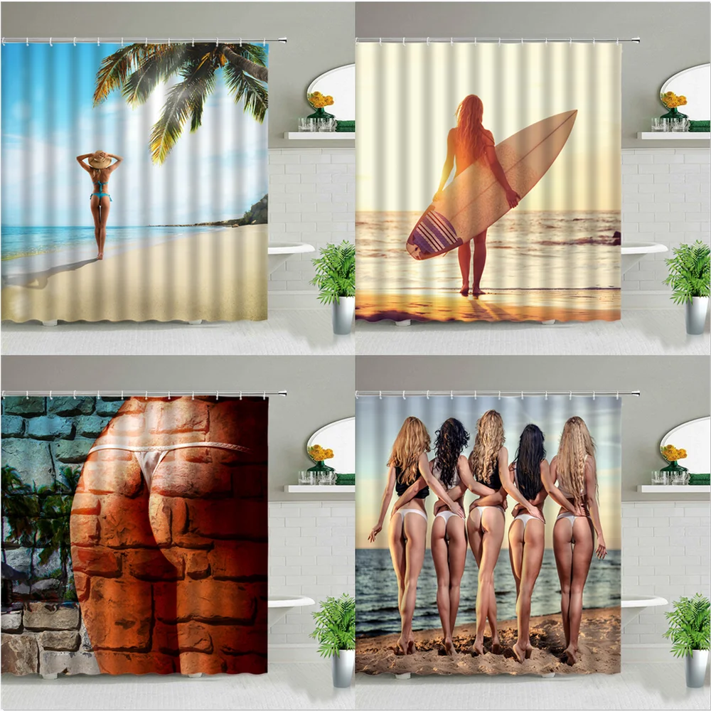 Sunlight Beach Girl Palm Tree Surfboard Landscape Shower Curtains Sexy Woman 3D Printed Chic Curtain Bathroom Decor With Hooks