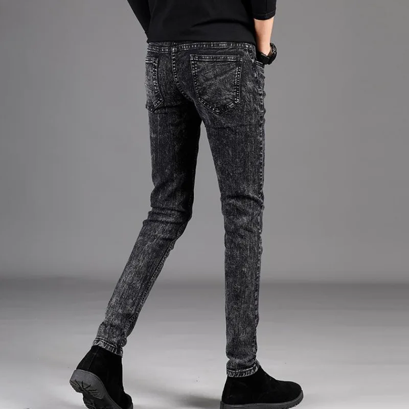 Men's Denim jeans autumn winter models plus velvet thick gray slim stretch cotton trousers small feet Korean style trendy men