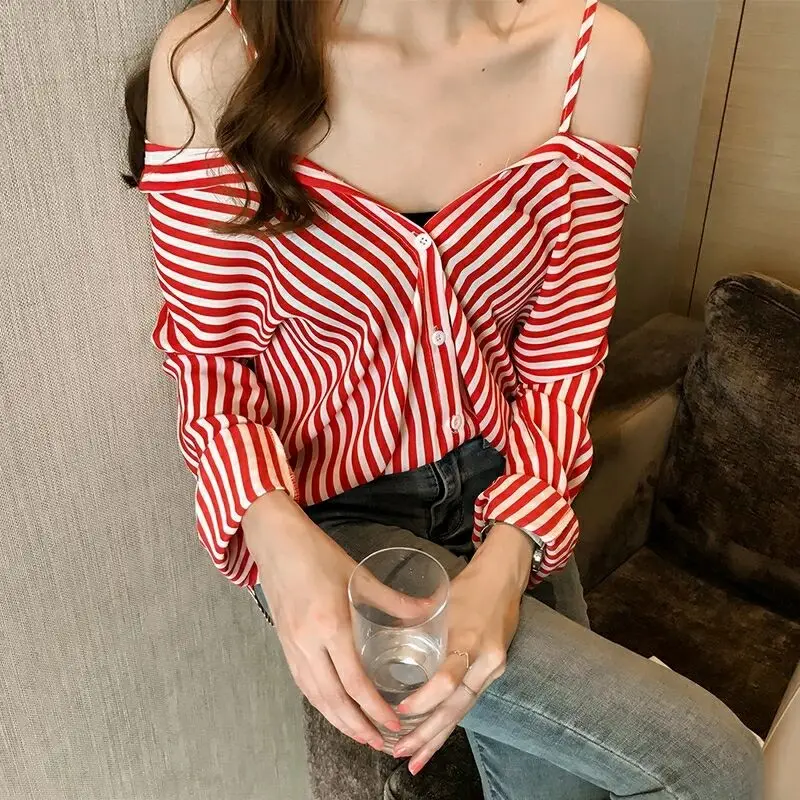 2019 frühling und Herbst Frauen Bluse Neueste Trägerlosen Gestreiften Weibliches Hemd Langarm Damen Casual Bluse Tops