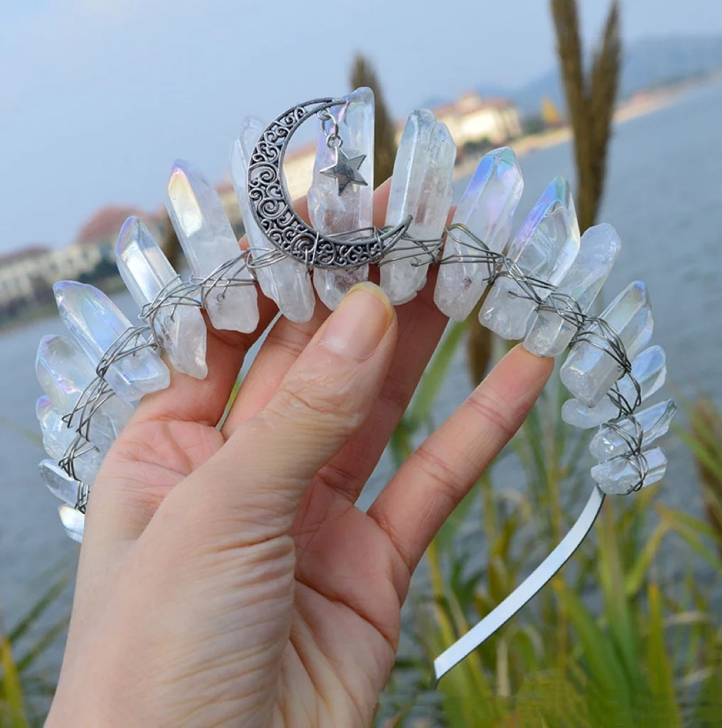 Crystal Queen Hair Band Halo Quartz Crown Hair Accessories Wicca Energy Jewelry Wedding Bridal Party Witch Gift