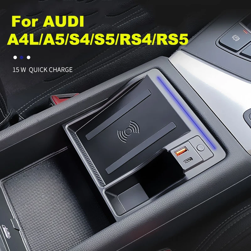 For Audi A4L A5 RS4 RS5 Car Wireless Charger PD Super Fast Charge for Iphone 12 13 Huawei storage box charger 2016-2021