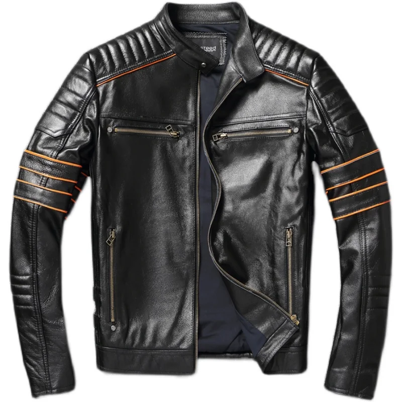 2023 New Skull Embroidery Men\'s First Layer Cowhide Leather Jacket Motorcycle Slim  Oversize Coat