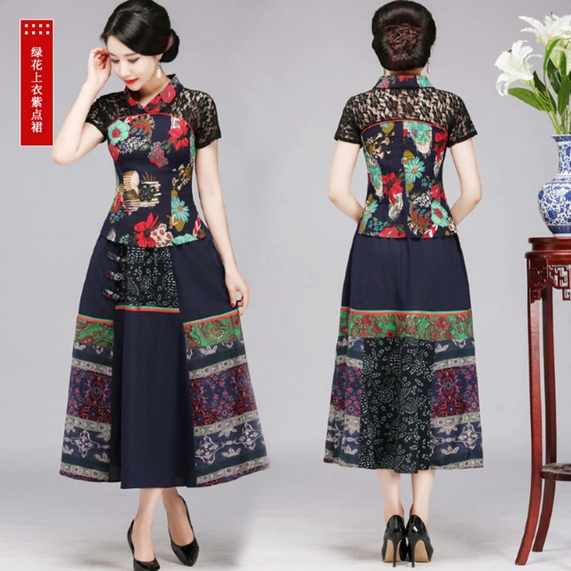 Chinese Style Clothing New Black 2 Piece Suit (shirt+ Skirt) Women Embroidery Set Casual Elegant Everyday Short Sleeve Set