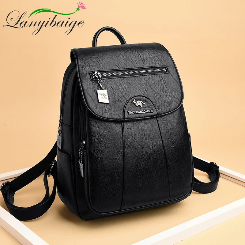 6 Colors Women \'s Backpack 2024 New High Quality Soft Leather Leisure Travel Large Capacity School Bags for Teenage Girls Black