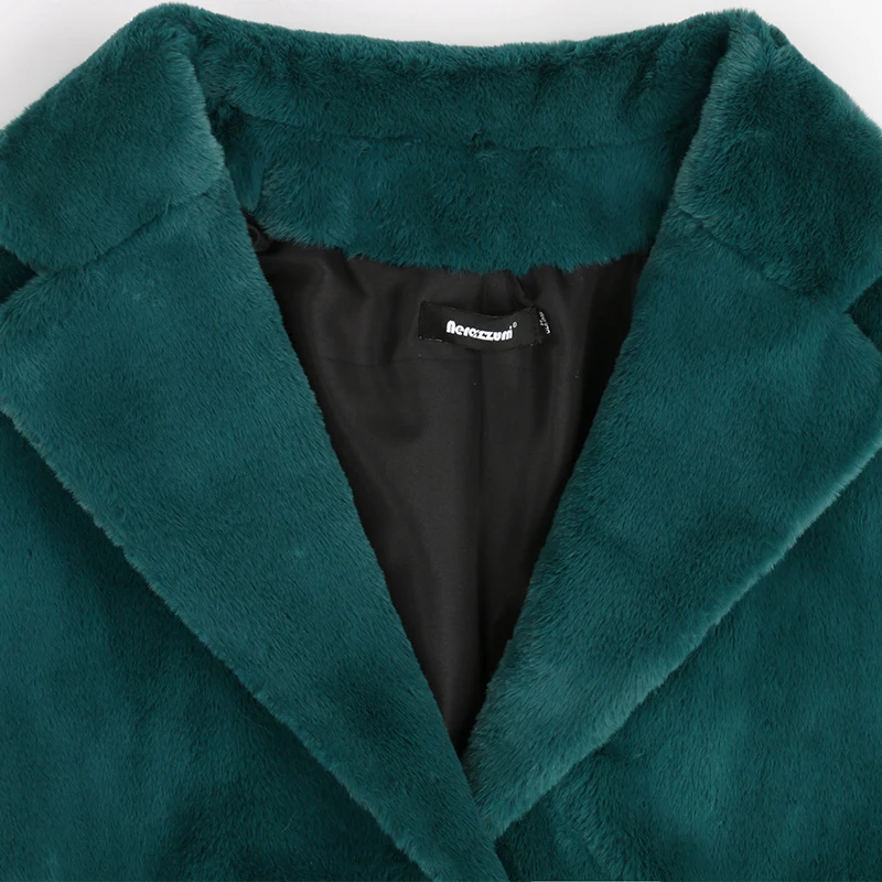 Nerazzurri Winter Long Green Warm Soft Loose Fluffy Faux Fur Coat Women Belt Lapel Elegant  Luxury Designer Korean Fashion 2021