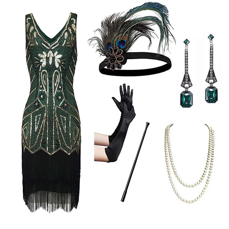 1920s Flapper Dress Great Gatsby Party Evening Sequins Fringed Dresses Gown Dress with 20s Accessories Set Clothing for Women