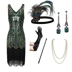 1920s Flapper Dress Great Gatsby Party Evening Sequins Fringed Dresses Gown Dress with 20s Accessories Set Clothing for Women