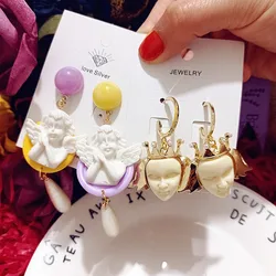 925 Needle European Retro Head Face Women Long Drop Pearl White Angel Girl Color