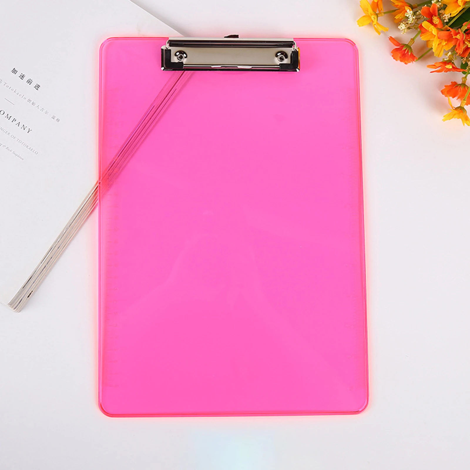 1pc A4 Color Plastic Plywood With Ruler Can Be Hung Transparent Flat Clip Office Supplies Folder Student Exam Writing Pad