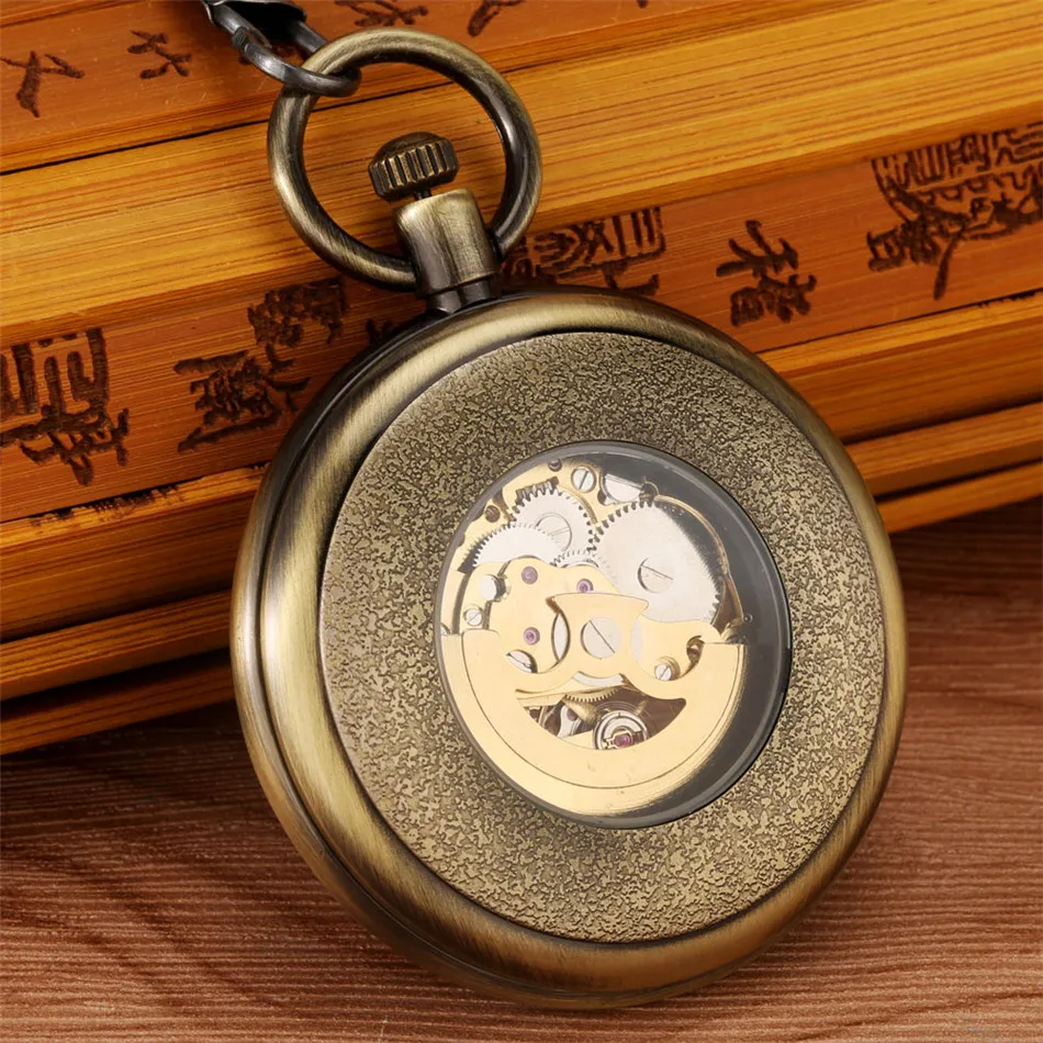 Antique Bronze Mechanical Pocket Watch Automatic Self Winding Retro Open Face Pendant Pocket Clock Gifts Male New Arrival 2021